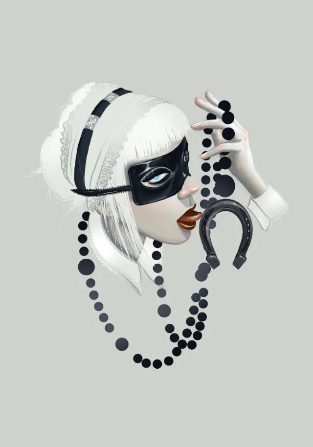 Woman in black mask holding horseshoe and beads by Jessine Hein