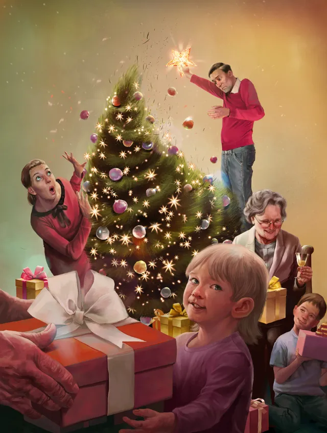 Family decorating a Christmas tree with lights and ornaments, by POW!!!