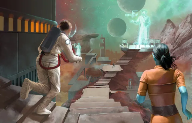 Two astronauts explore alien ruins with glowing holograms under a green sky by POW!!!