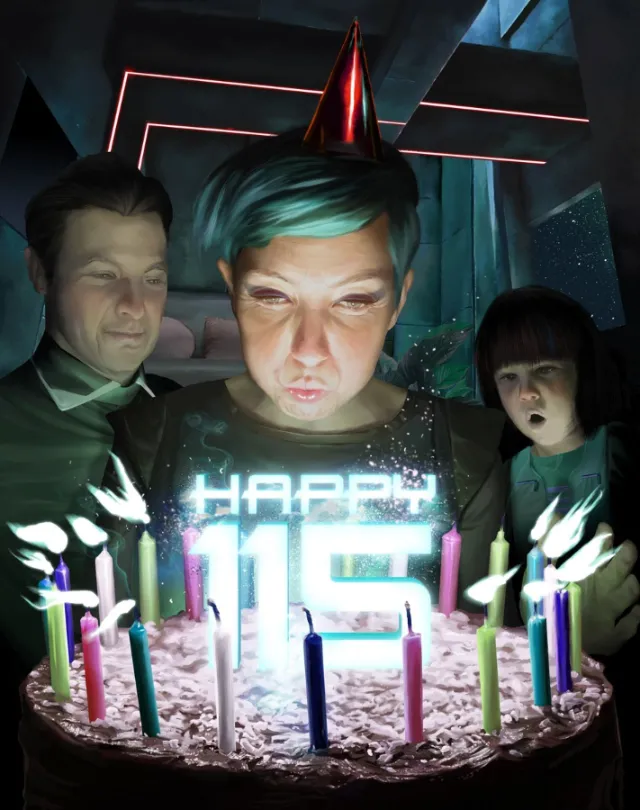 Portrait of three people celebrating birthday with glowing cake by POW!!!