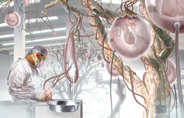 Scientist examines bioengineered organisms in futuristic lab by POW!!!