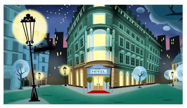Night city hotel exterior scene with street lamps and red carpet by Thies Schwarz
