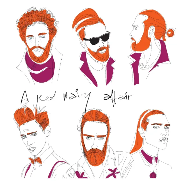 Line drawings of red-haired men with different hairstyles and facial hair by Yordanka Poleganova