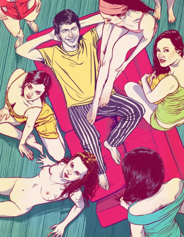 Five people lounging on a red couch in colorful clothes by POW!!!