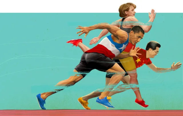Three male runners sprinting in country-themed athletic wear by POW!!!