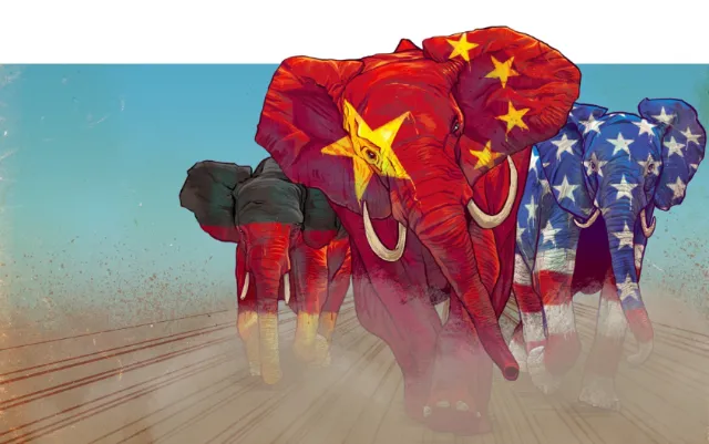 Elephants painted with Chinese and American flags by artist POW!!!