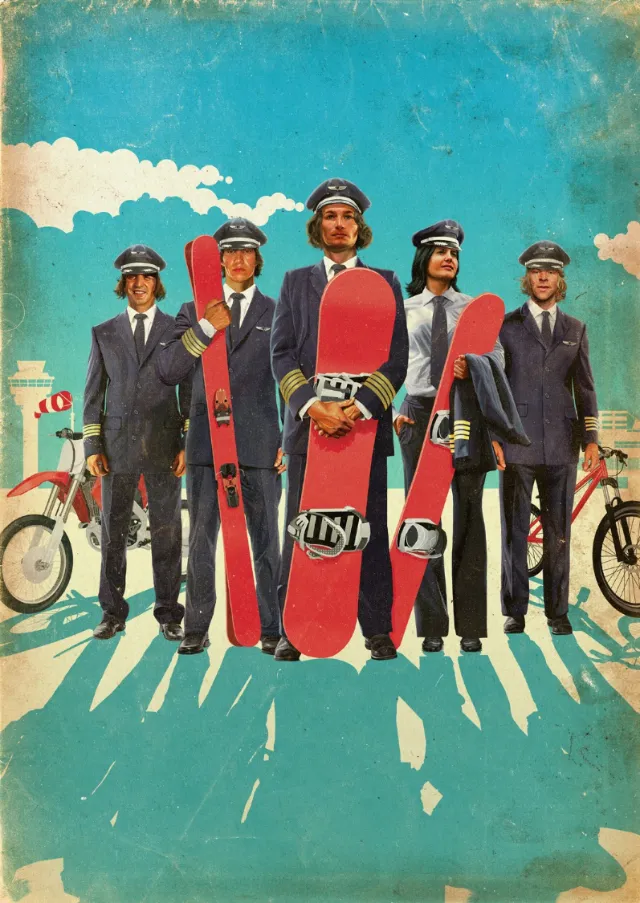 Five men in suits holding snowboards wearing helmets by POW!!!