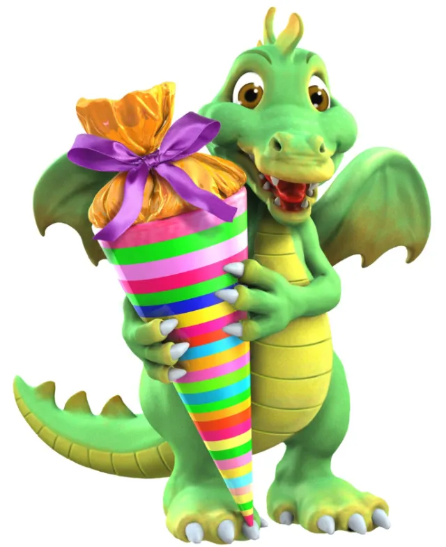 Cheerful green dragon holding a colorful gift cone by RIVE GAUCHE