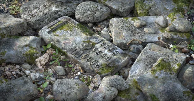 Weathered old cell phone covered in moss among rocks by RIVE GAUCHE