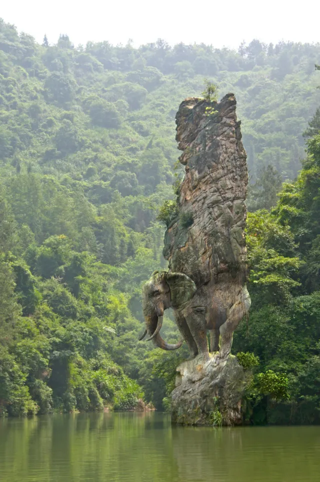 Elephant-shaped rock formation on river with forest backdrop by RIVE GAUCHE