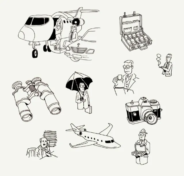 Sketches of business travelers, airplanes, camera, binoculars, and briefcase by Sebastian Iwohn