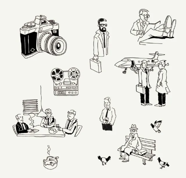 Black and white sketches of people and vintage items by Sebastian Iwohn