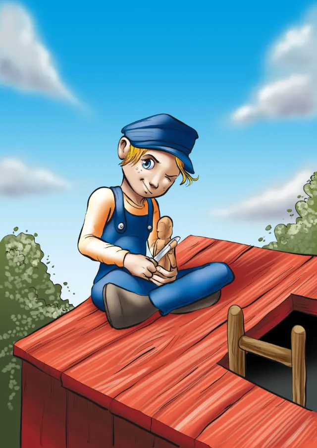 Boy in blue cap sitting on red roof writing in a notebook, by Carsten Mell