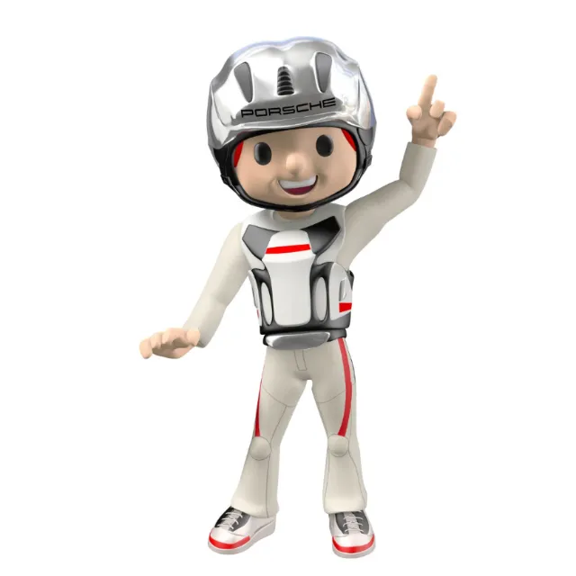 3D cartoon racer wearing a Porsche helmet by Carsten Mell