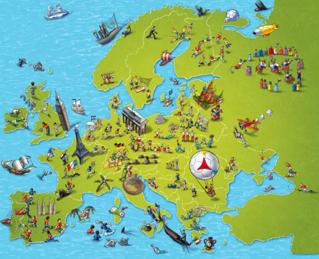 Illustrated map of Europe with landmarks, ships, and people by Carsten Mell