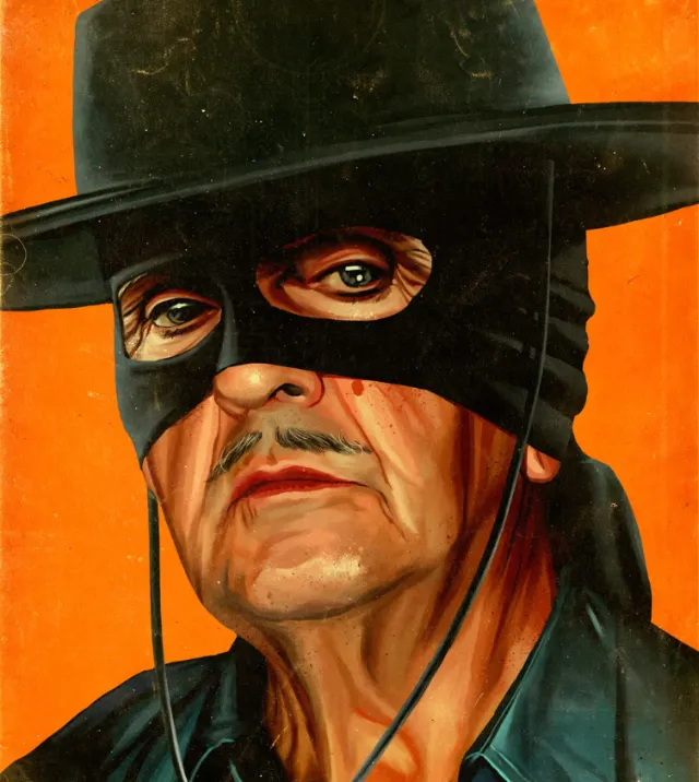 Close-up portrait of masked man in black hat by POW!!!