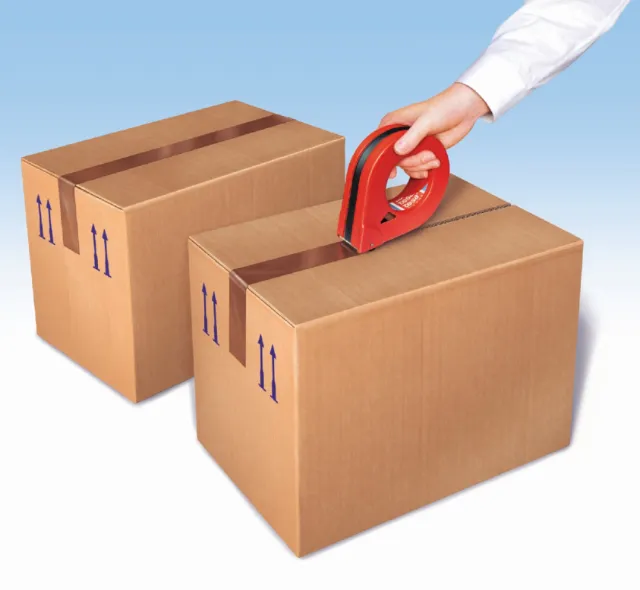 Hand sealing cardboard box with red tape dispenser by Eberhard Reimann
