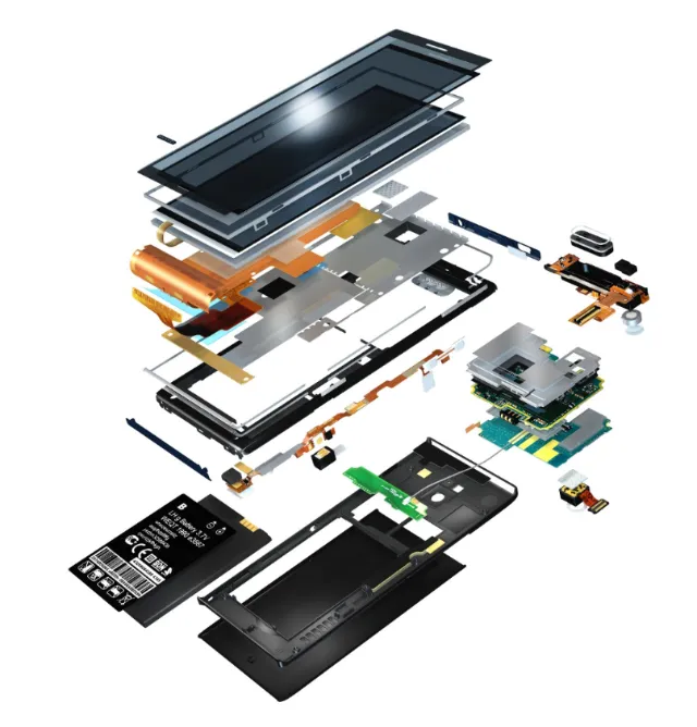 Exploded smartphone components disassembled by Eberhard Reimann