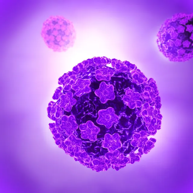 3D illustration of a purple virus particle by Eberhard Reimann