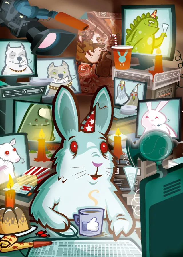 Animated bunny wearing party hat with screens showing animals, by Thies Schwarz