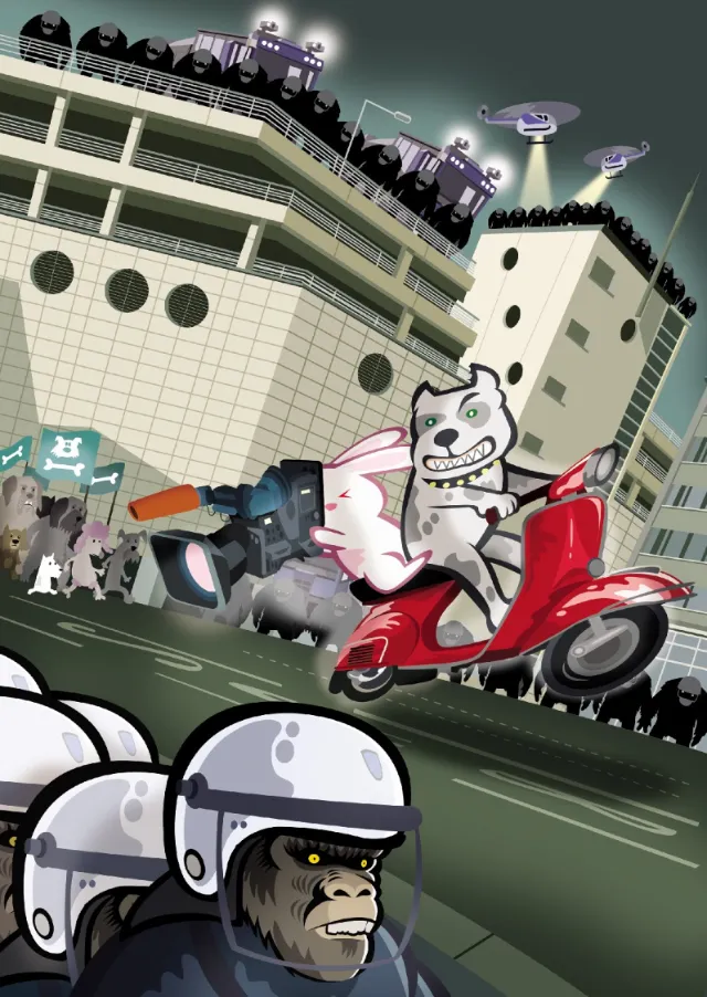 Masked character on red scooter in city scene by Thies Schwarz