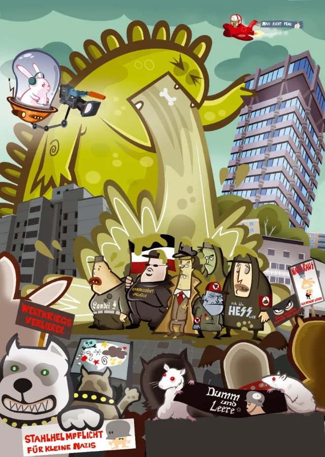 Cartoon showing giant dinosaur monster in city with various characters and animals by Thies Schwarz