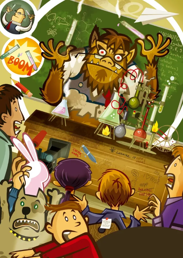 Students startled by monster teacher causing chaos in classroom by Thies Schwarz