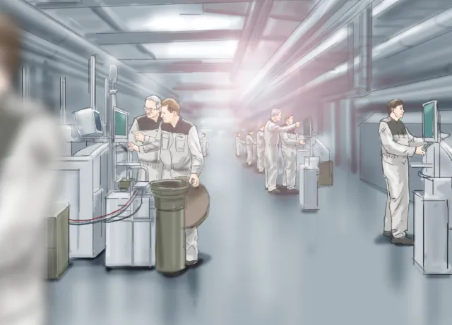 Workers operating machinery in a high-tech industrial facility by Andreas Schickert