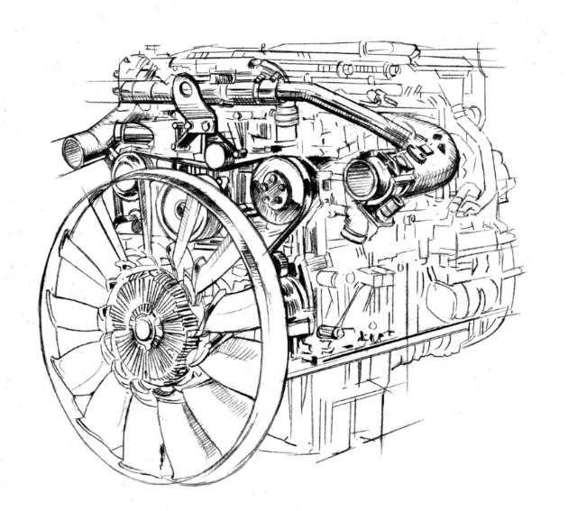 Technical drawing of a vintage car engine by Andreas Schickert