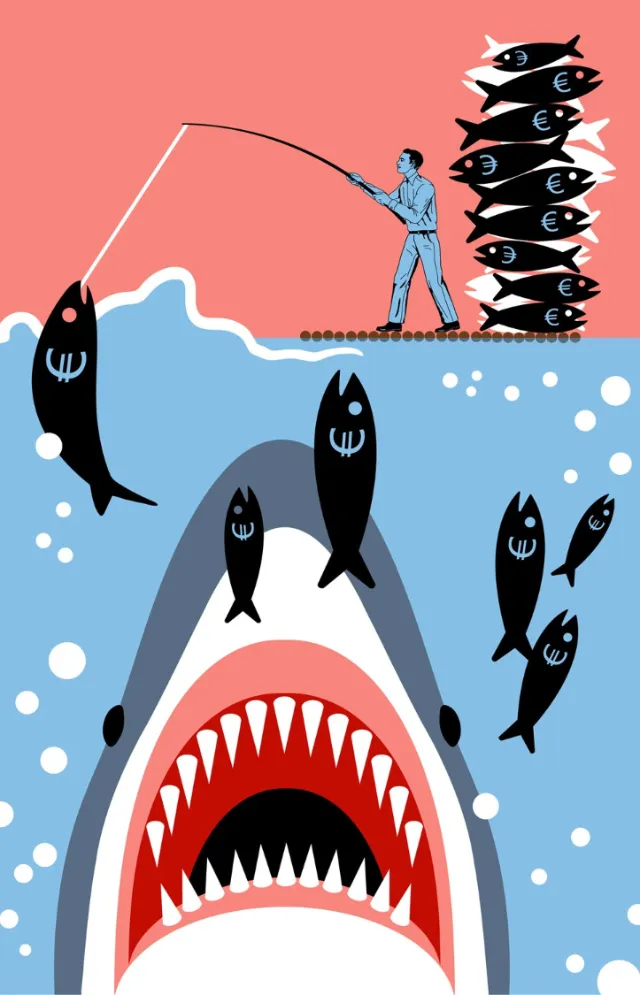 Businessman fishing pound sign fish unaware of shark