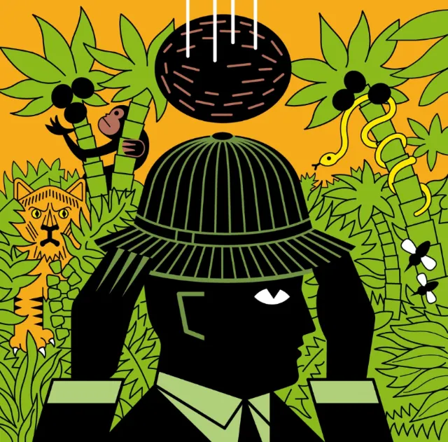 Jungle explorer adjusting helmet amidst animals and plants by Klaus Meinhardt