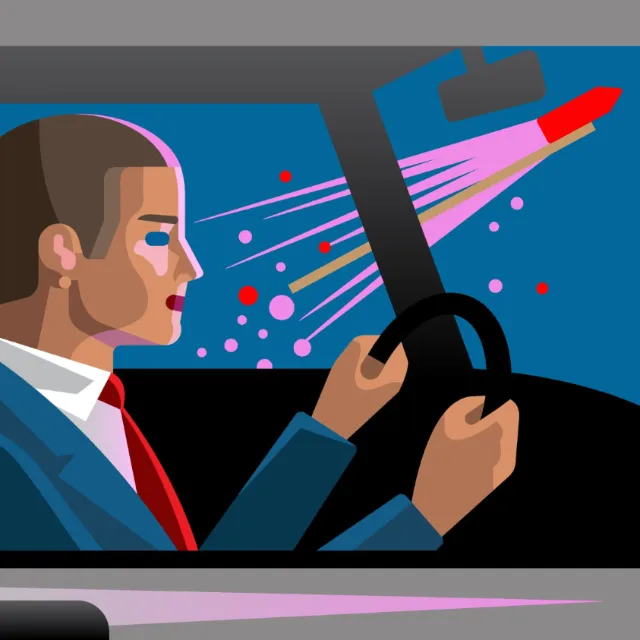 Man driving car at night with vibrant lights, art by Klaus Meinhardt