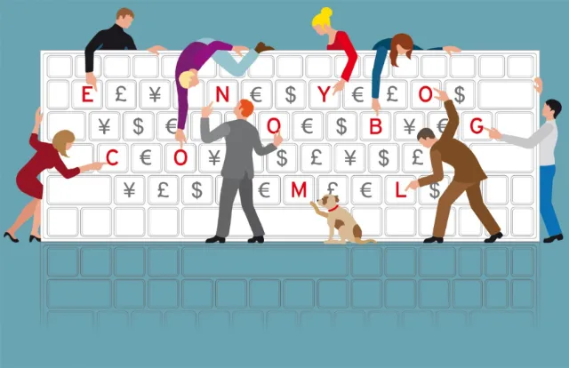 People and a dog showing computer keyboard letters