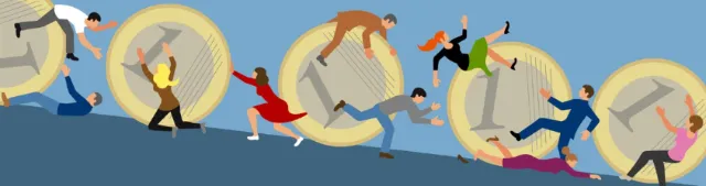 Illustration of people running inside giant coins by Klaus Meinhardt