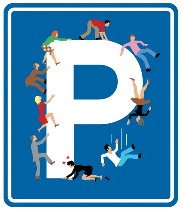Illustration of people climbing a large white parking sign by Klaus Meinhardt