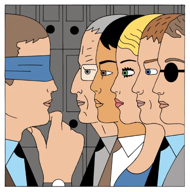 Illustration by Klaus Meinhardt of a blindfolded man facing five diverse business people