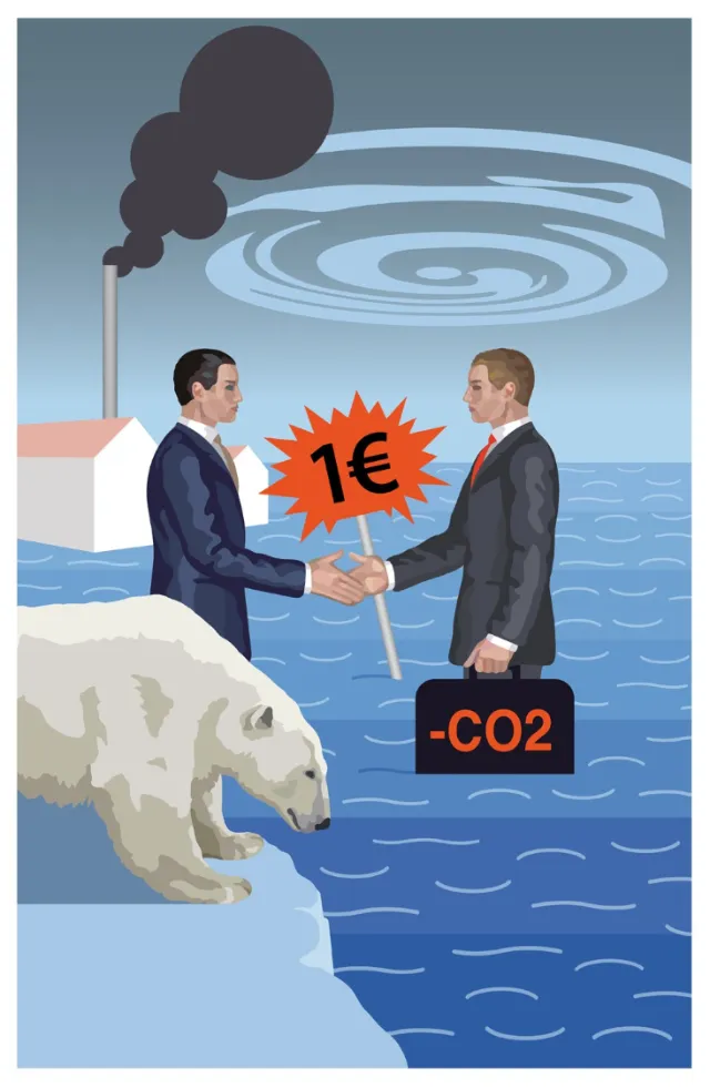 Two businessmen shaking hands near factory, polar bear on melting ice and CO2 sign by Klaus Meinhard