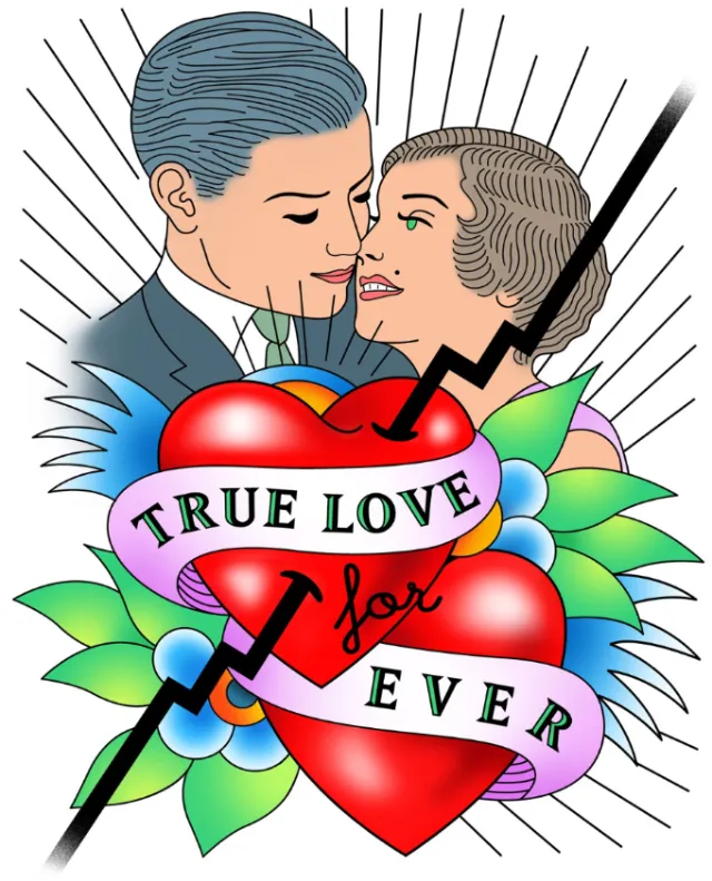 Illustration by Klaus Meinhardt of two red hearts with True Love Forever banner broken by a jagged l