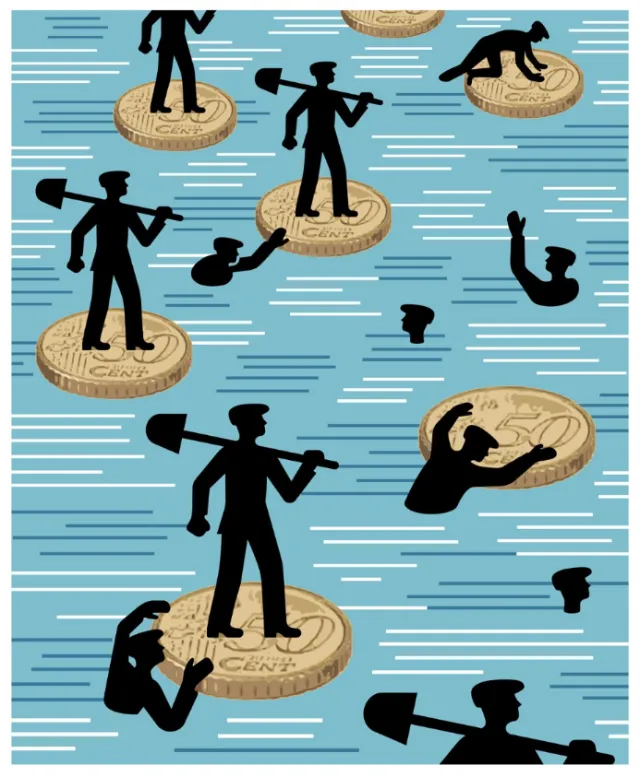 Silhouettes on floating Euro coins in water by Klaus Meinhardt