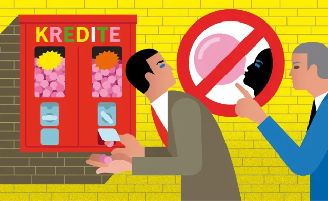Man taking credit from a kiosk with a no entry sign nearby, illustration by Klaus Meinhardt