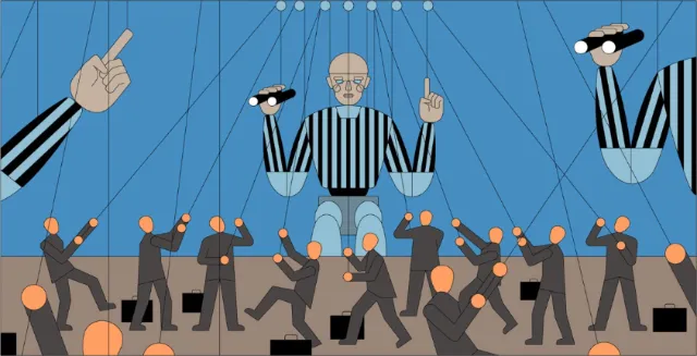 Marionette puppeteer controlling dolls over dancers by Klaus Meinhardt