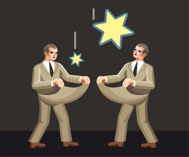 Two men catching stars with dollar symbol