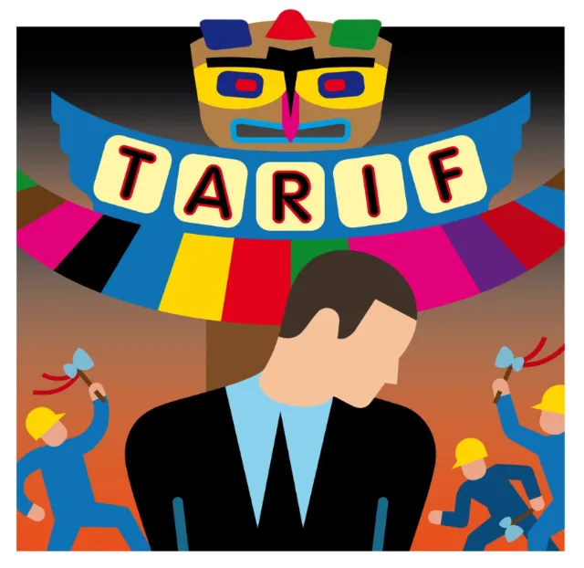 Worker and colorful flags with the word TARIF by Klaus Meinhardt
