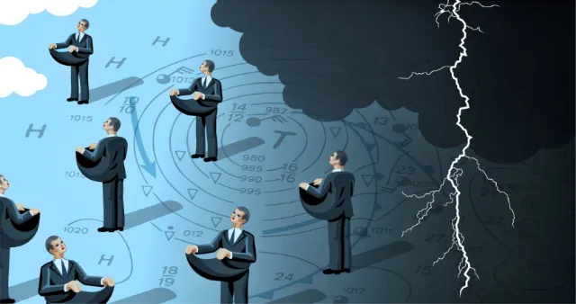Businessmen analyzing weather data with storm and lightning by Klaus Meinhardt