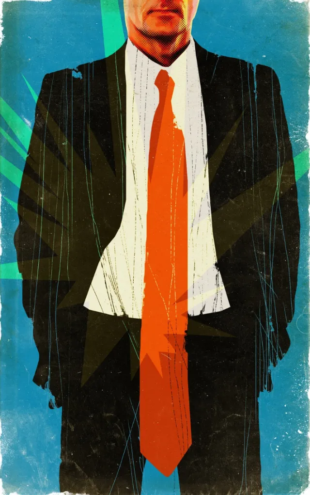 Man wearing a black suit and orange tie illustration by POW!!!