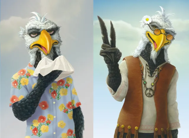 Anthropomorphic eagle in colorful floral shirt and vest by Kai Klimiont