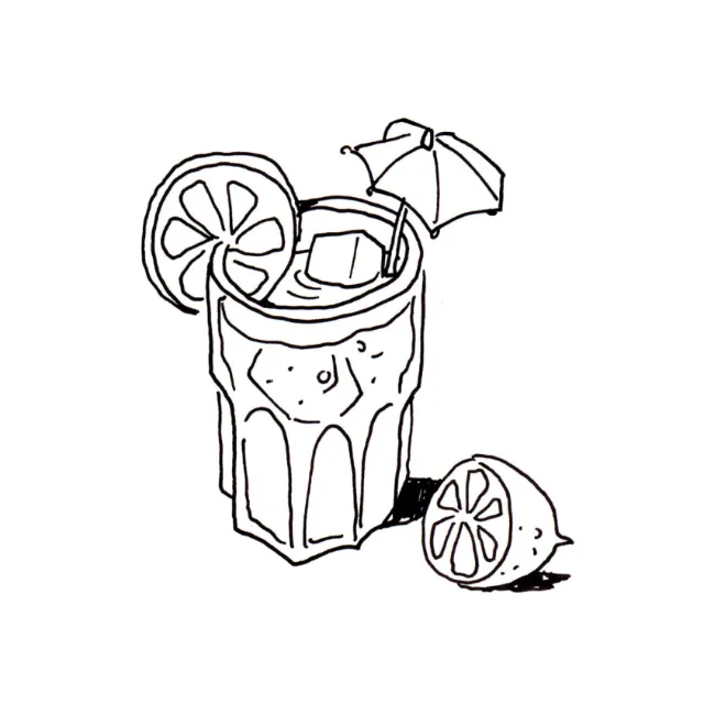 Black and white drawing of lemonade glass with lemon slice and umbrella by Sebastian Iwohn