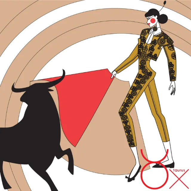 Matador in traditional costume confronting a bull, illustration by Yordanka Poleganova