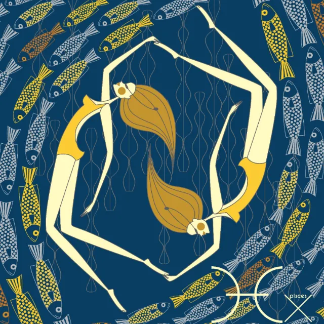 Abstract swimmers surrounded by fish artwork by Yordanka Poleganova