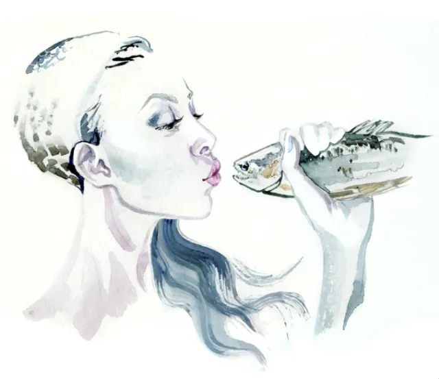Watercolor illustration of a lady kissing fish